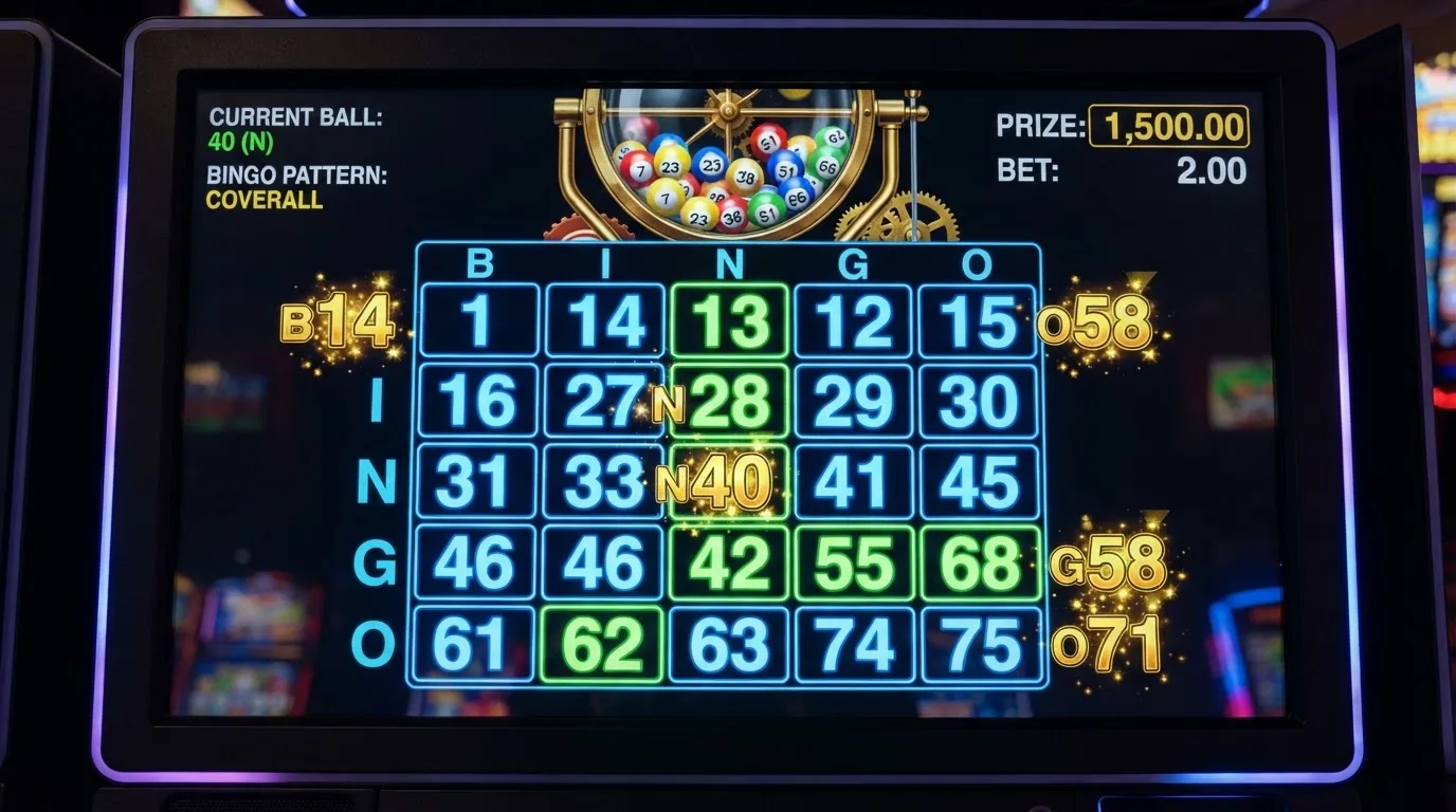 Ekran automatu do gry z kolorową planszą w stylu bingo i podświetlonymi liczbami