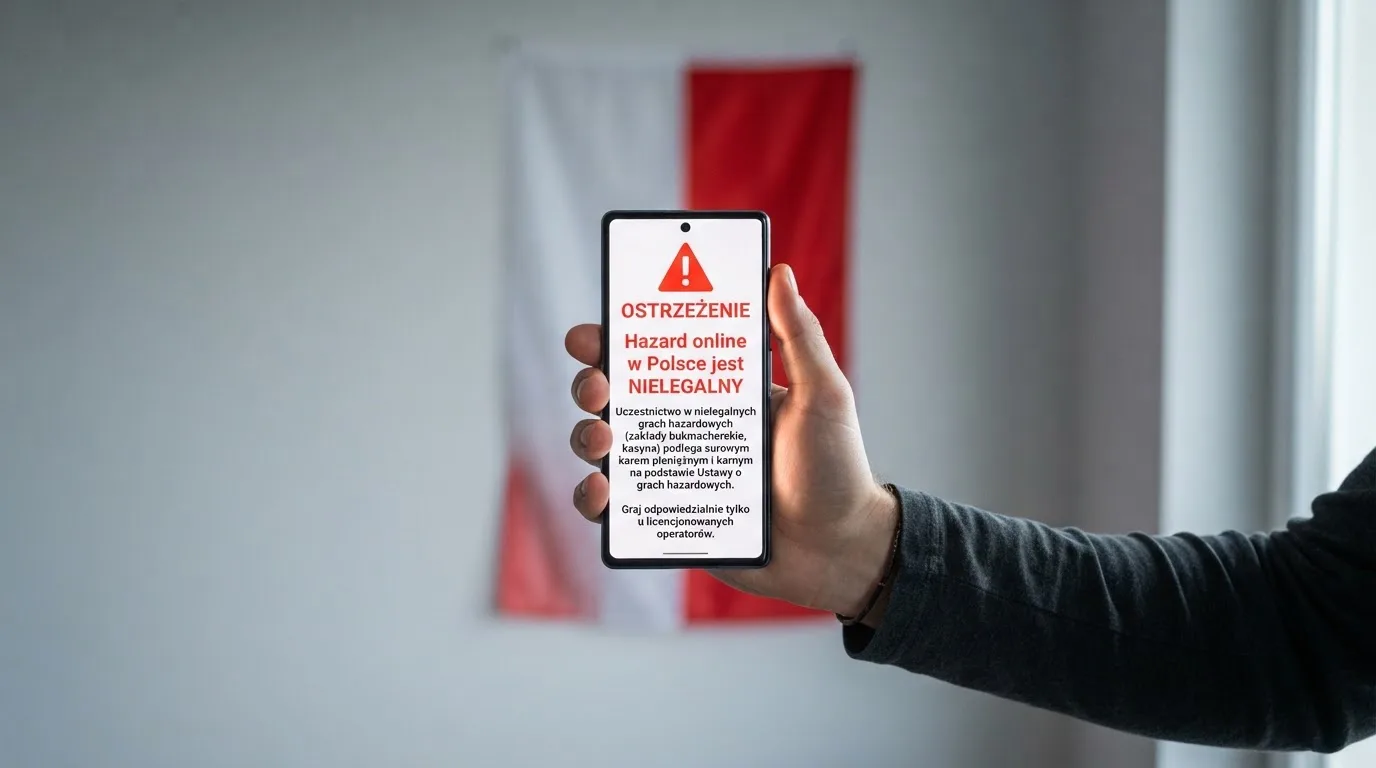Dłoń trzymająca telefon z widocznym komunikatem ostrzegawczym o legalności hazardu online na tle biało-czerwonej flagi Polski.