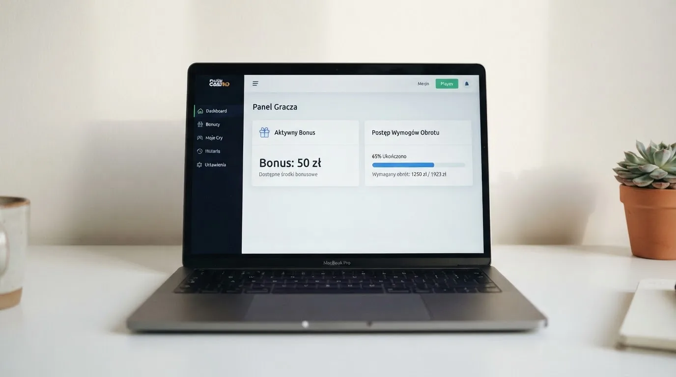 Ekran laptopa z saldem konta gracza podzielonym na środki bonusowe i pasek postępu wymaganego obrotu