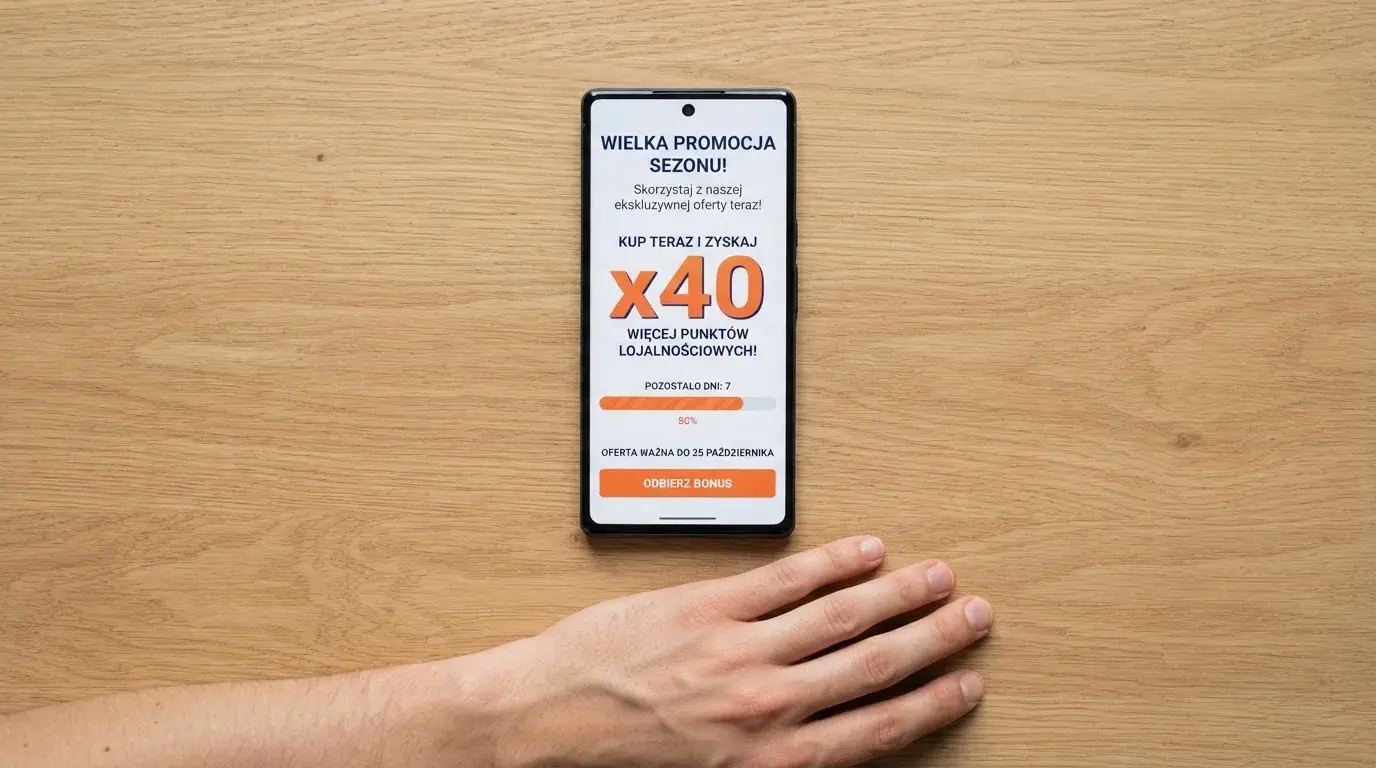 Zbliżenie na telefon z listą warunków promocji i licznikiem odliczającym dni do końca oferty