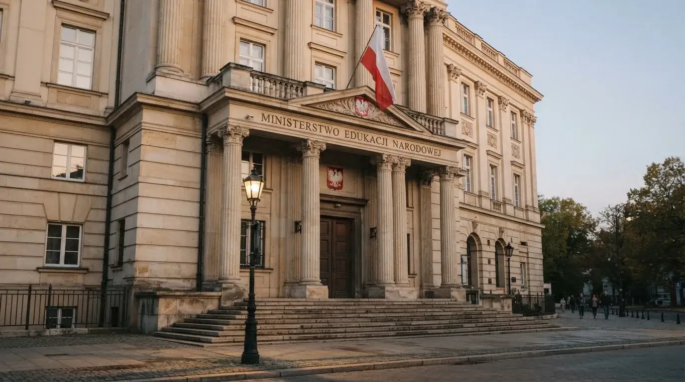Fasada budynku instytucji państwowej z flagą Polski, symbol nadzoru regulatora nad rynkiem gier hazardowych