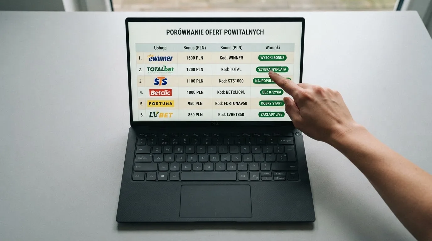 Widok z góry na laptop z otwartą tabelą porównawczą ofert powitalnych kilku serwisów kasynowych