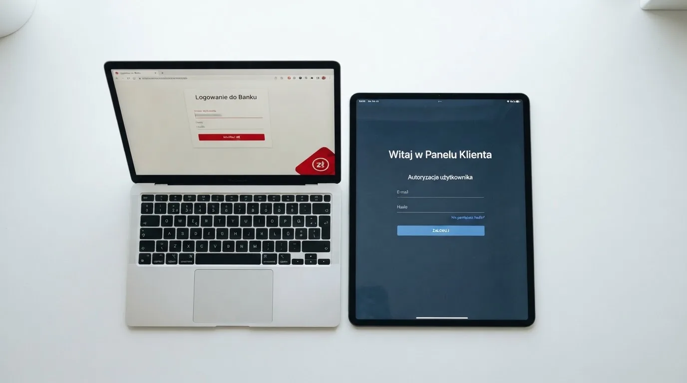 Dwa ekrany logowania kasyna online obok siebie na biurku, jeden z polskim interfejsem złotówkowym, symbolizujące porównanie dwóch różnych serwisów