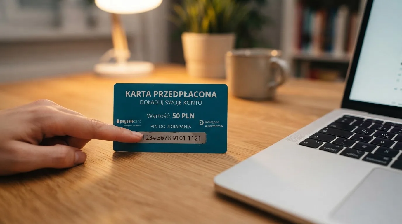Karta przedpłacona Paysafecard z zasłoniętym polem kodu PIN obok klawiatury laptopa