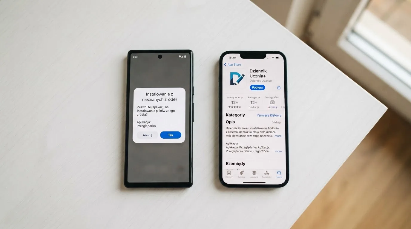 Dwa telefony obok siebie: na jednym komunikat zgody na instalację pliku APK z nieznanego źródła, na drugim strona aplikacji w sklepie z przyciskiem pobierania