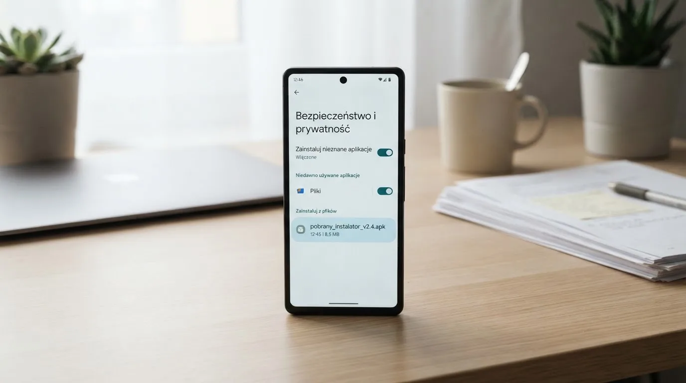 Ekran ustawień Androida z przełącznikiem zgody na instalację aplikacji z nieznanego źródła i pobranym plikiem instalacyjnym na liście