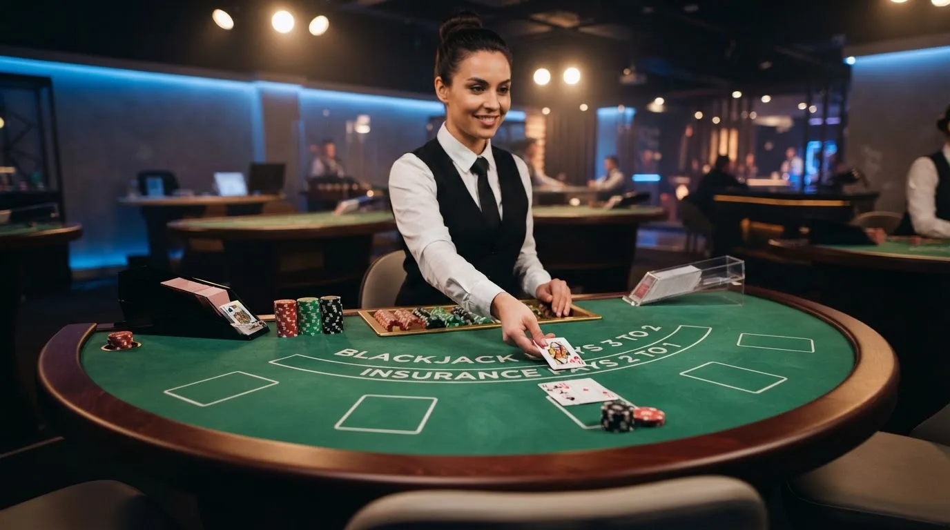 Krupier rozdający karty przy stole blackjacka podczas transmisji na żywo