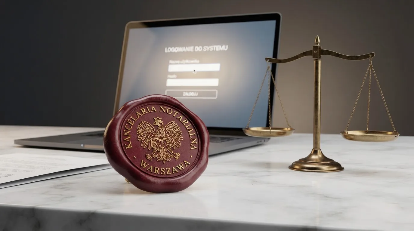 Symboliczna pieczęć urzędowa i waga obok ekranu logowania do serwisu hazardowego