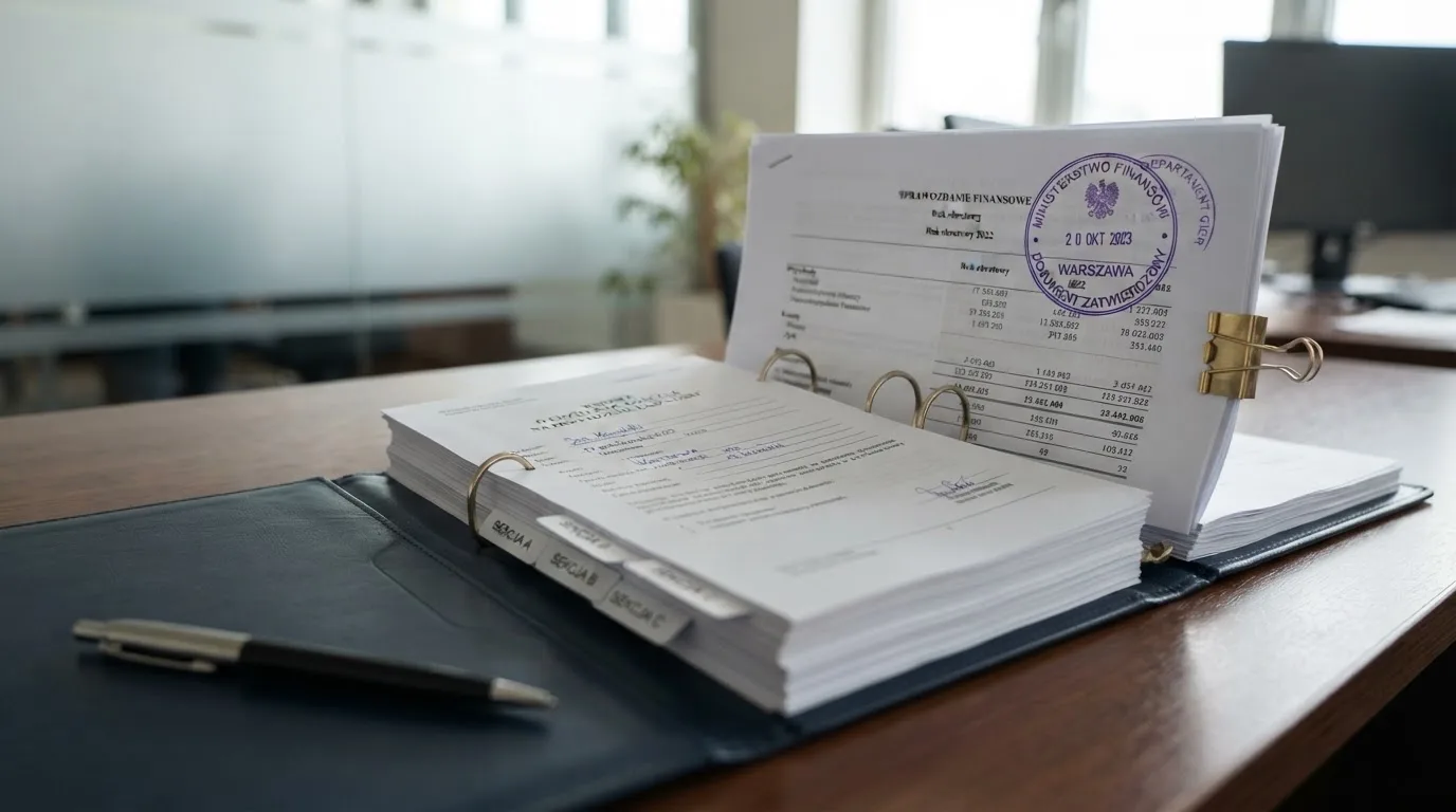 Segregator z wnioskiem o koncesję na kasyno gry, wydrukiem sprawozdania finansowego i urzędową pieczątką leżący na biurku