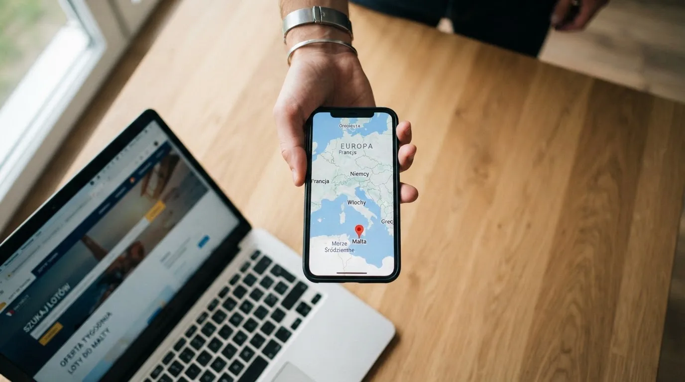 Dłoń trzyma telefon z prostą mapą Europy na ekranie i przypiętą pinezką nad jednym krajem, telefon leży na biurku obok laptopa.