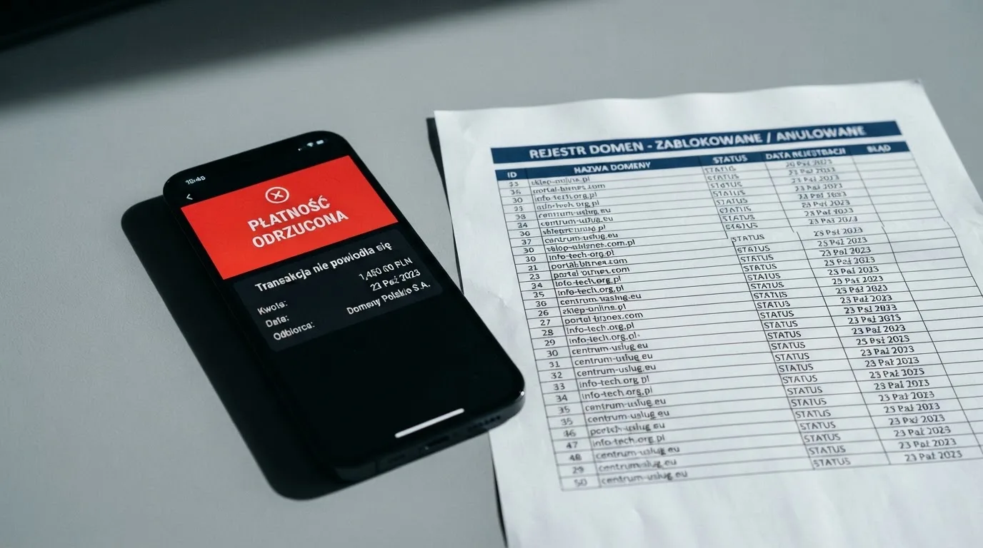 Telefon z komunikatem o odrzuconej płatności na ekranie, obok wydruk tabeli z listą zablokowanych adresów stron