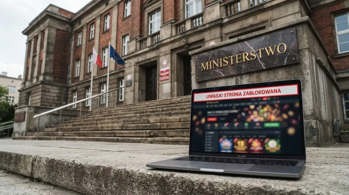Budynek urzędu z tablicą ministerstwa, na pierwszym planie laptop z komunikatem o zablokowanej stronie kasyna