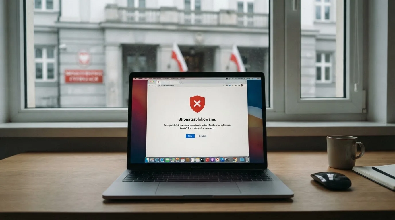 Laptop z komunikatem o zablokowanej stronie hazardowej, w tle budynek urzędu z tablicą ministerstwa