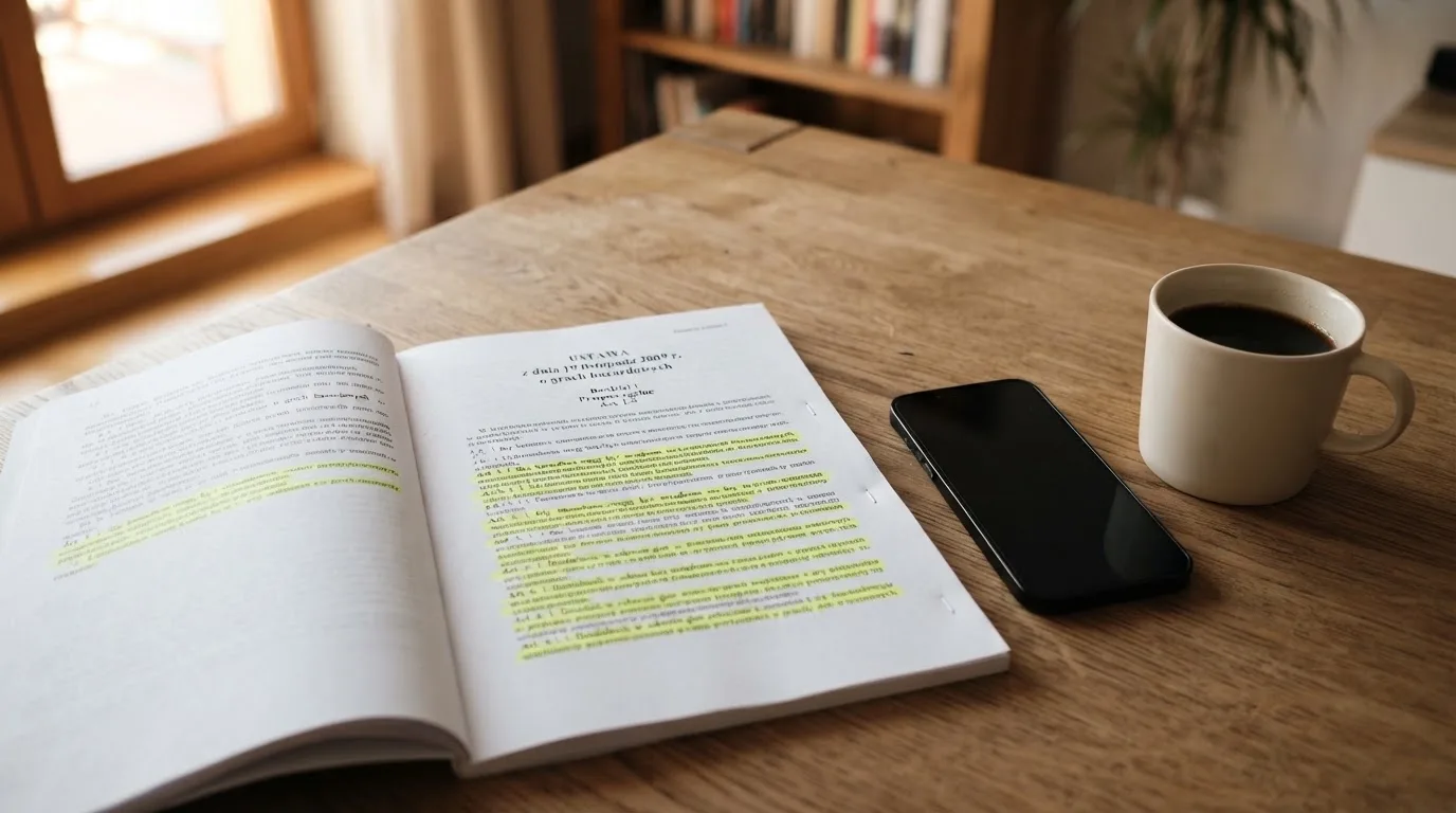 Wydruk ustawy o grach hazardowych z zakreślonymi artykułami leżący na biurku obok wyłączonego smartfona