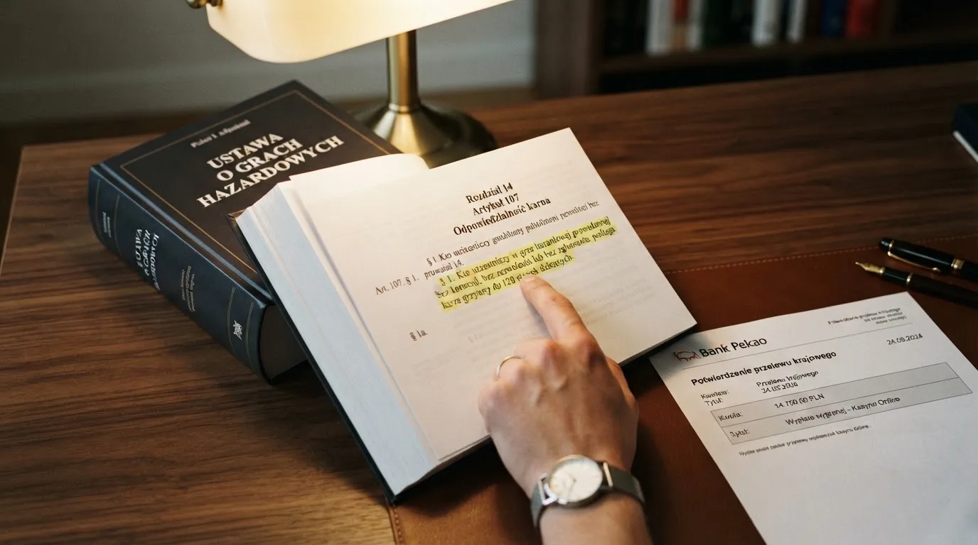 Otwarty tekst ustawy o grach hazardowych z zakreślonym artykułem, obok wydruku potwierdzenia przelewu wygranej