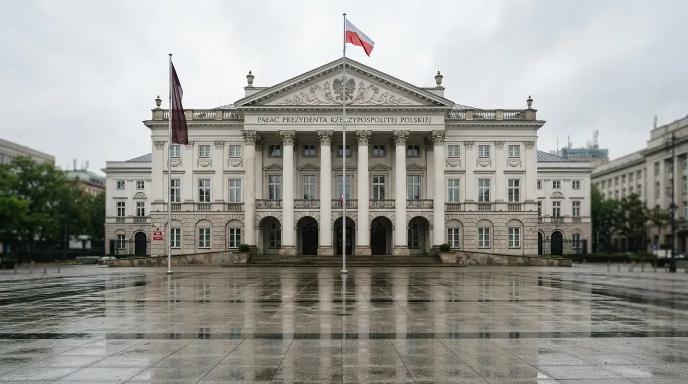 Budynek urzędu administracji państwowej z flagą Polski na maszcie w tle