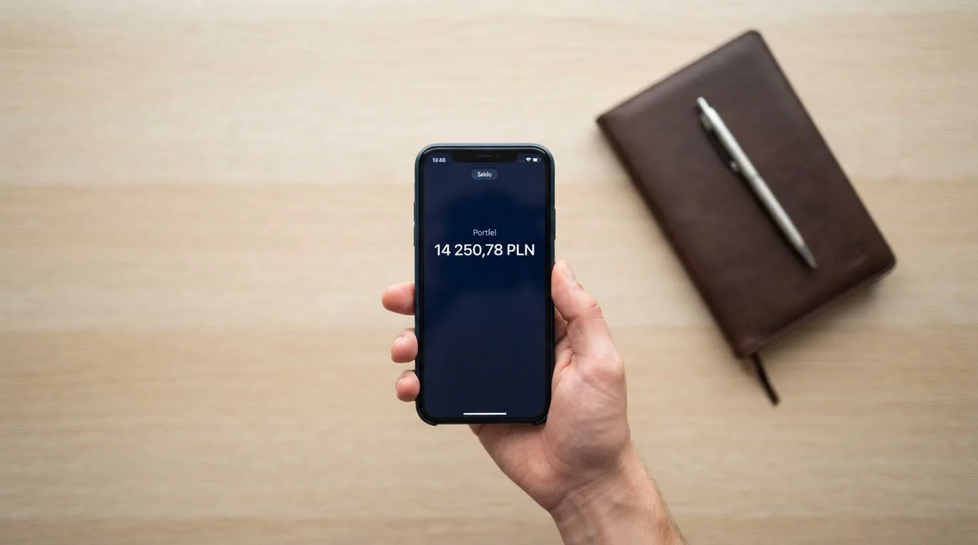 Dłoń trzyma smartfon z prostym ekranem portfela kryptowalut pokazującym jedną kwotę salda, obok leży zamknięty notatnik i długopis na biurku.