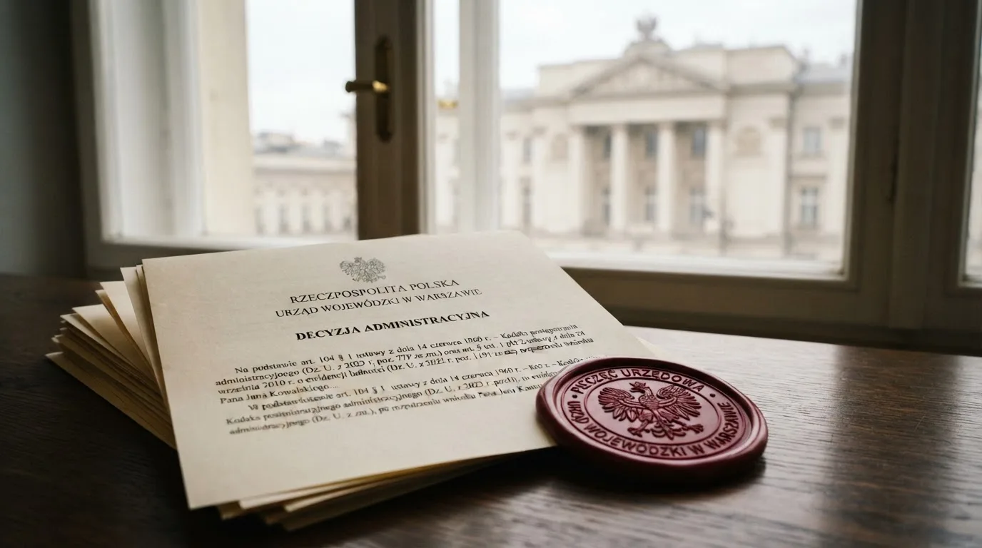 Stos dokumentów urzędowych i pieczęć na biurku, w tle sylwetka budynku administracji publicznej