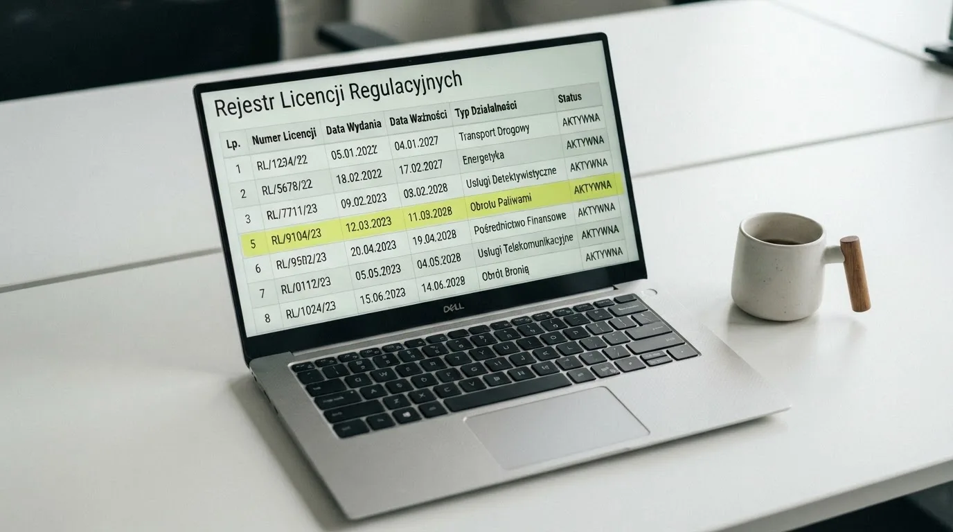 Ekran laptopa z otwartym rejestrem licencji regulatora z Curaçao, w którym jeden wiersz zaznaczono żółtym podświetleniem