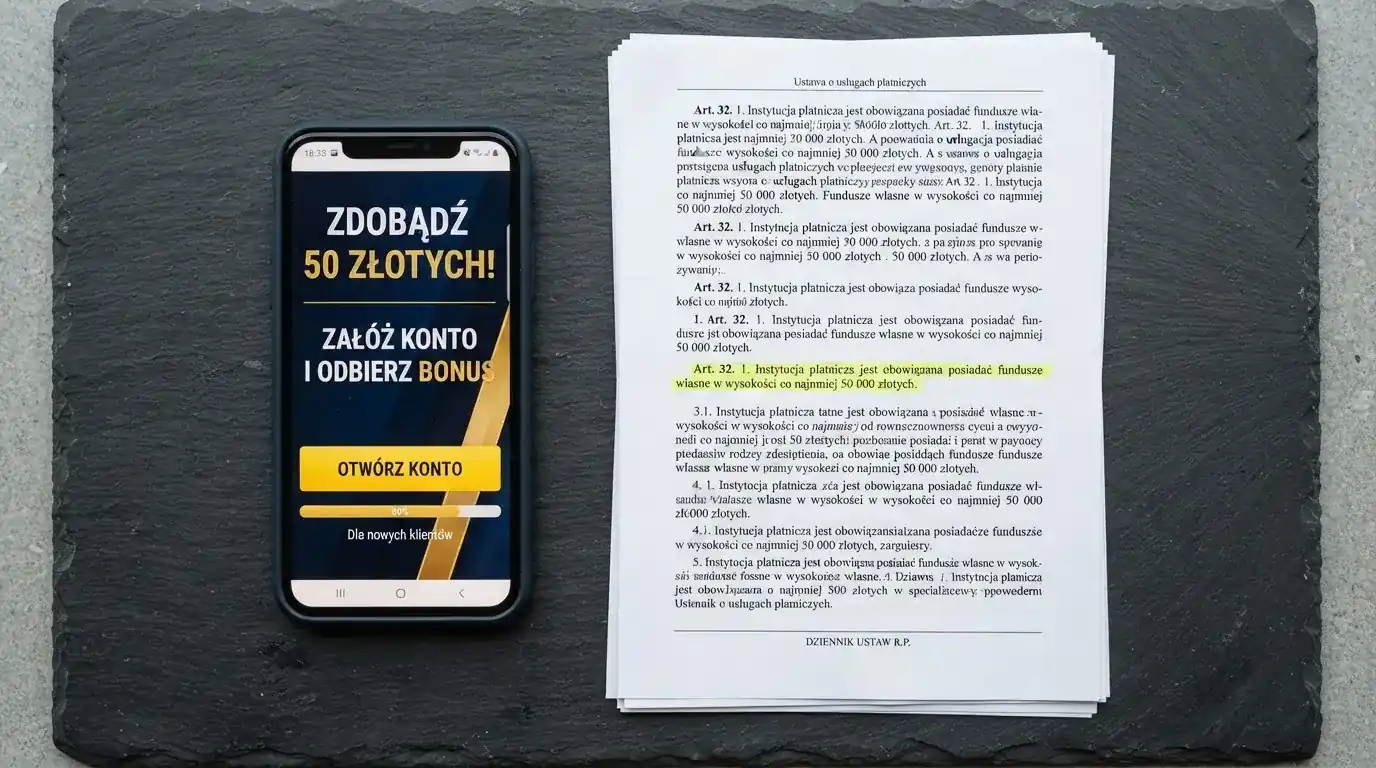 Telefon z banerem obiecującym darmowe złotówki za założenie konta, obok wydrukowany tekst ustawy o grach hazardowych z zaznaczonym artykułem