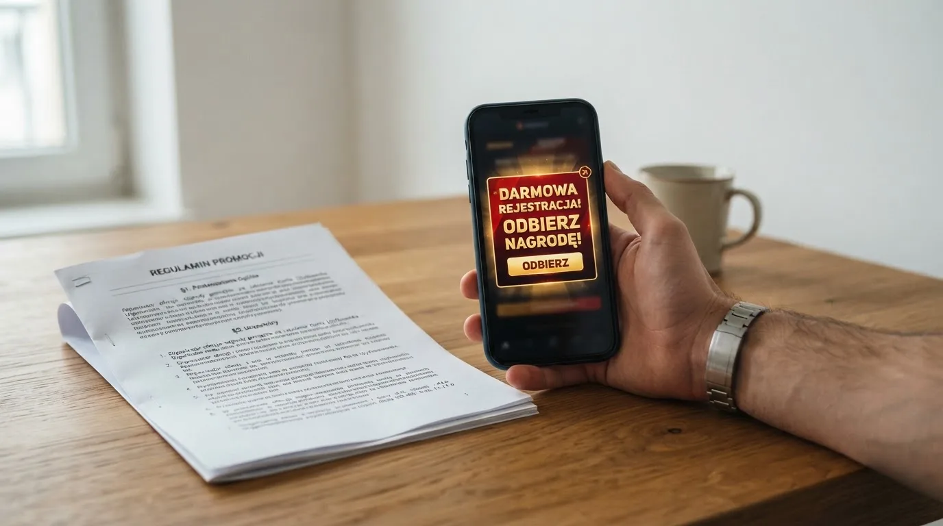 Telefon z wyskakującym banerem obiecującym darmowe złotówki za rejestrację, obok wydruk ustawy o grach hazardowych