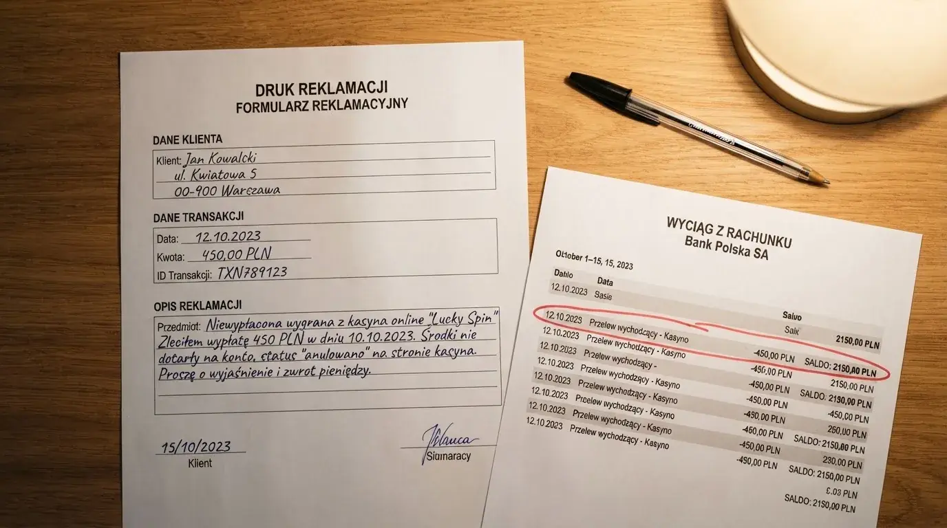 Wydrukowany formularz reklamacji leżący na biurku obok długopisu i wyciągu bankowego z zakreśloną pozycją