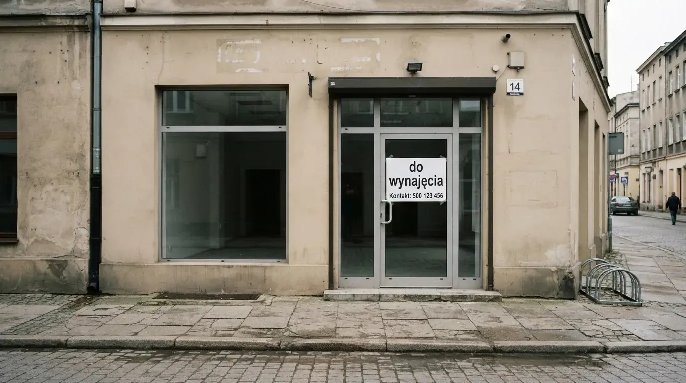 Pusty, zamknięty lokal handlowy z tabliczką „do wynajęcia”, symbolizujący brak działających salonów gry bingo pieniężne