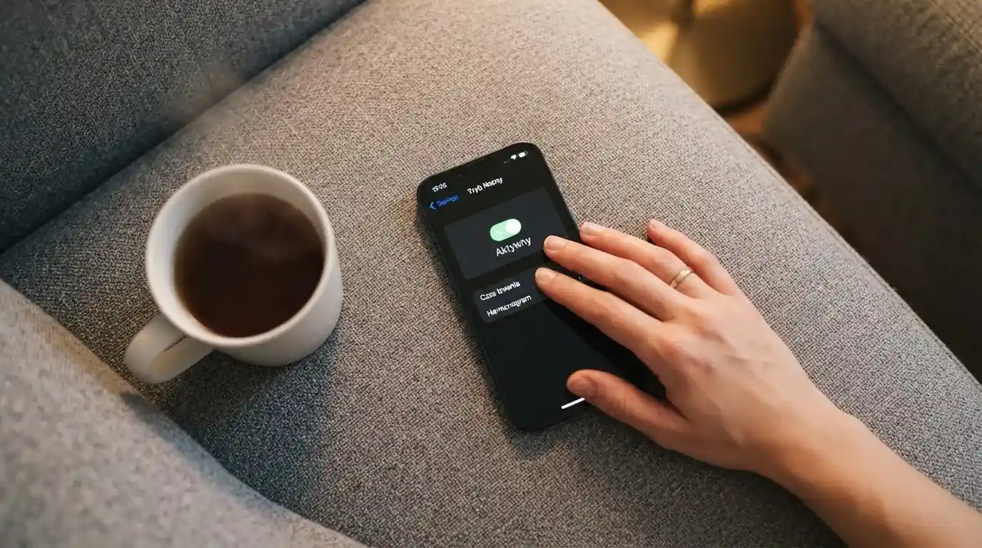 Dłoń trzyma smartfon z prostym przełącznikiem VPN ustawionym w pozycji włączonej, telefon leży na kanapie obok kubka herbaty.