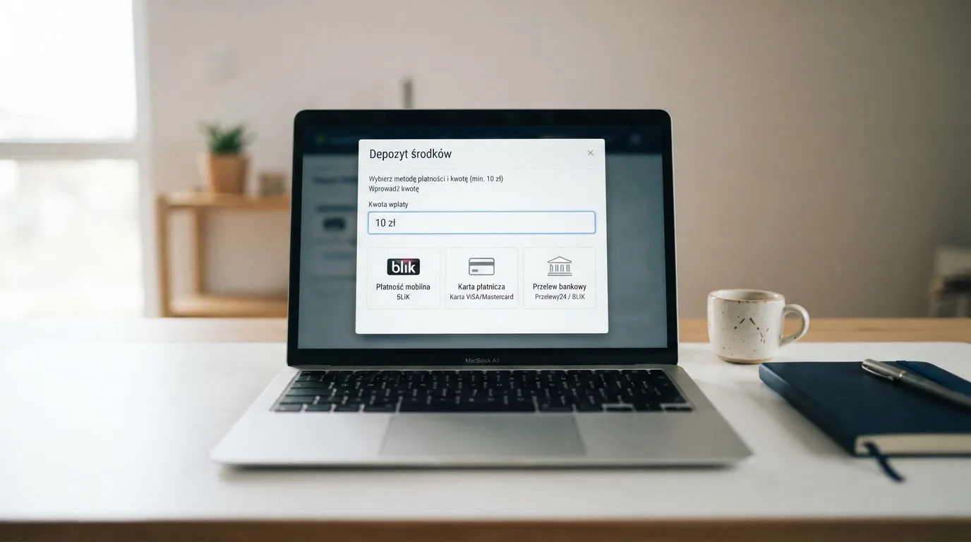 Laptop z otwartym oknem wpłaty na kwotę 10 zł i listą metod: BLIK, karta płatnicza, szybki przelew