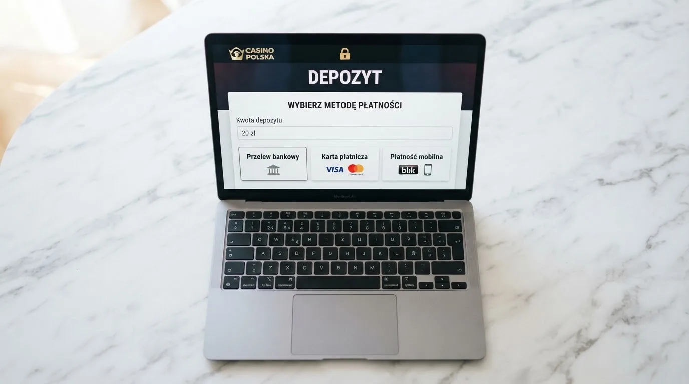 Laptop z otwartym formularzem wpłaty na kwotę 20 zł i wyborem między szybkim przelewem, kartą płatniczą a BLIK-iem